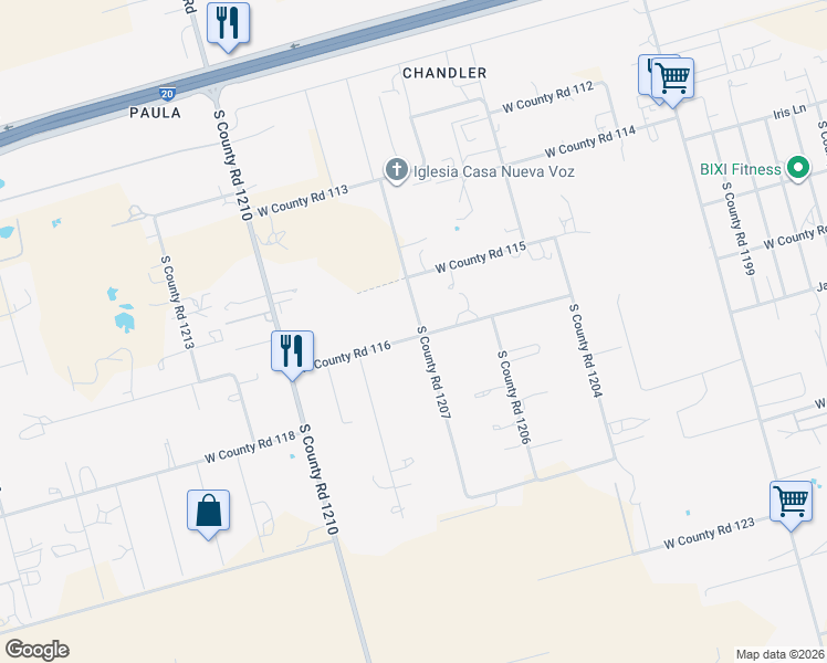 map of restaurants, bars, coffee shops, grocery stores, and more near 3000 West County Road 116 in Midland