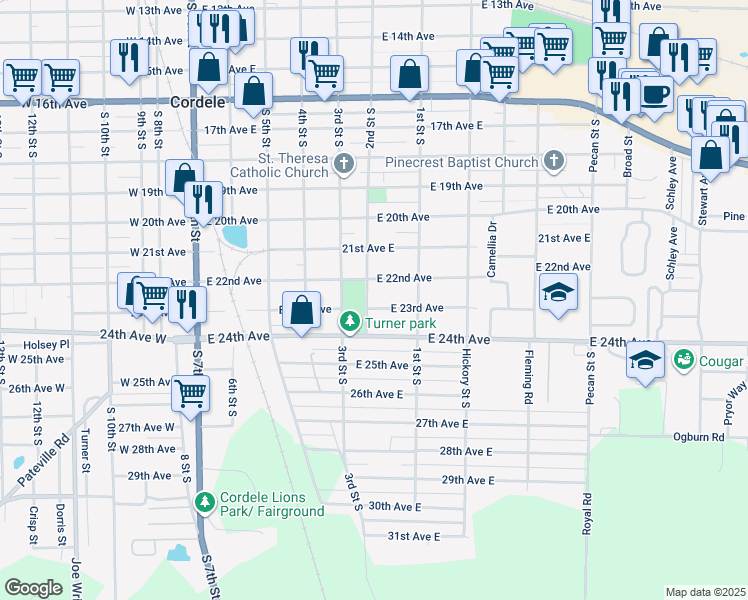 map of restaurants, bars, coffee shops, grocery stores, and more near 601 East 23rd Avenue in Cordele
