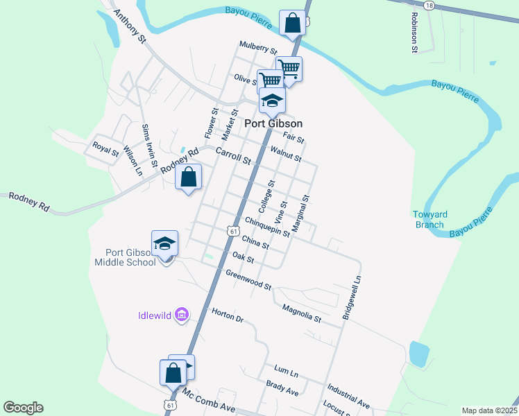 map of restaurants, bars, coffee shops, grocery stores, and more near 1001-1099 College Street in Port Gibson