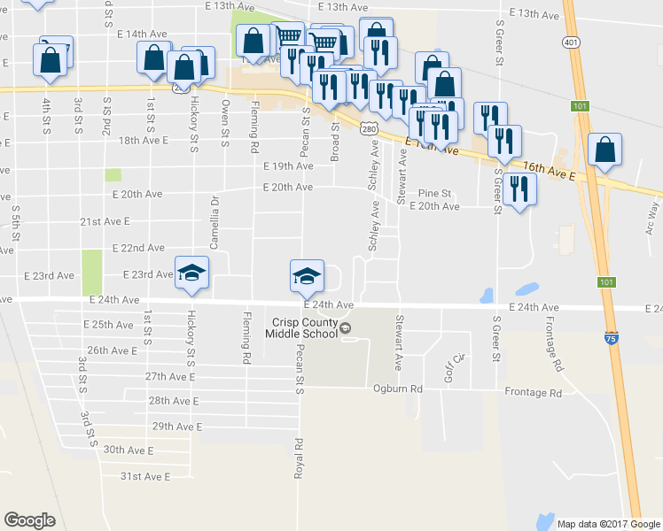 map of restaurants, bars, coffee shops, grocery stores, and more near 118 Edgewood Drive in Cordele