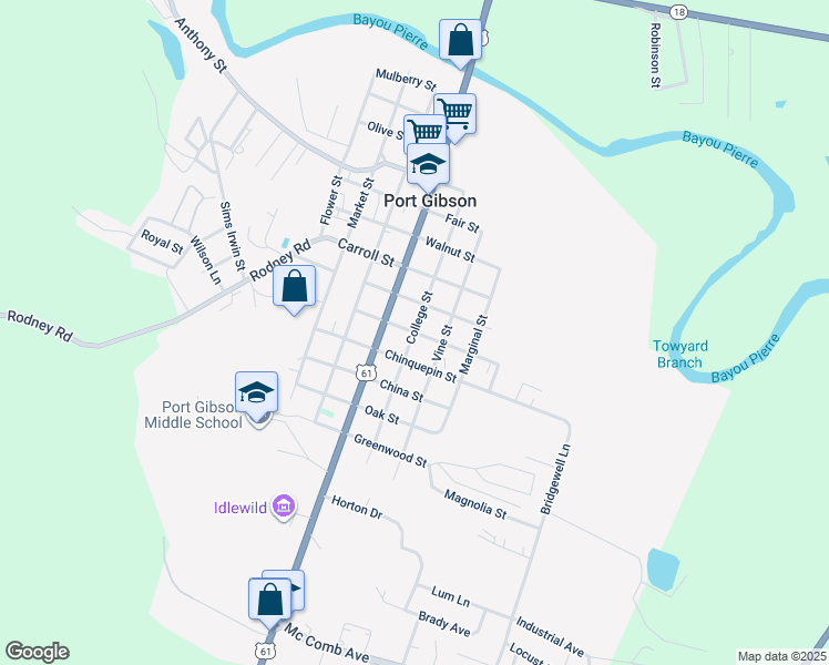 map of restaurants, bars, coffee shops, grocery stores, and more near 1001 College Street in Port Gibson