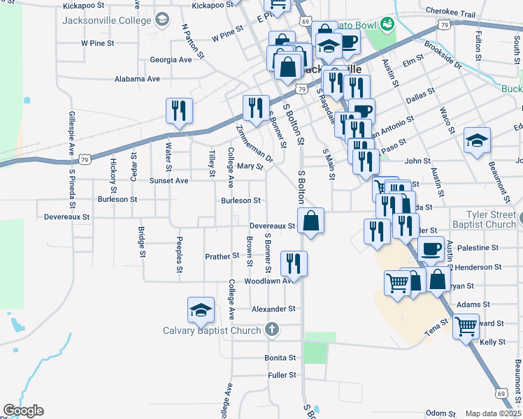 map of restaurants, bars, coffee shops, grocery stores, and more near 733 South Bonner Street in Jacksonville