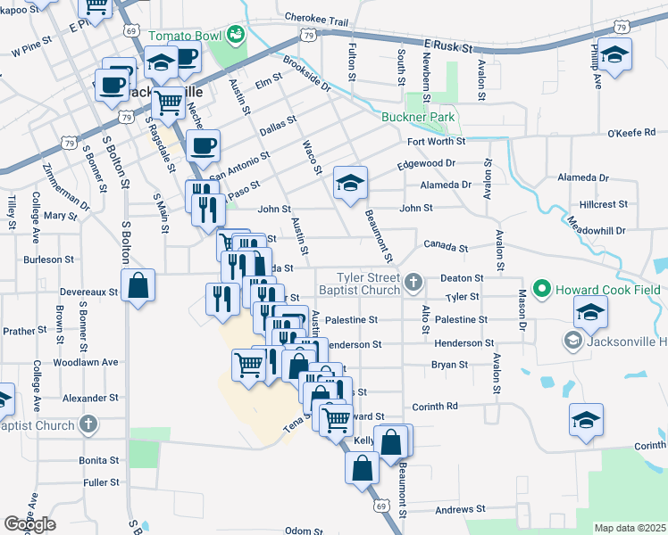 map of restaurants, bars, coffee shops, grocery stores, and more near 716 Tyler Street in Jacksonville