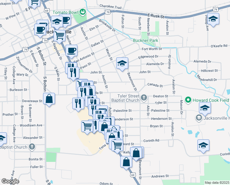 map of restaurants, bars, coffee shops, grocery stores, and more near 716 Tyler Street in Jacksonville