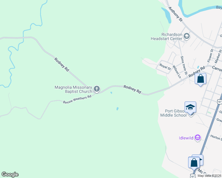 map of restaurants, bars, coffee shops, grocery stores, and more near 1127 Rodney Road in Port Gibson