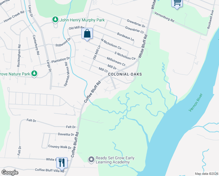 map of restaurants, bars, coffee shops, grocery stores, and more near 121 Brown Pelican Drive in Savannah
