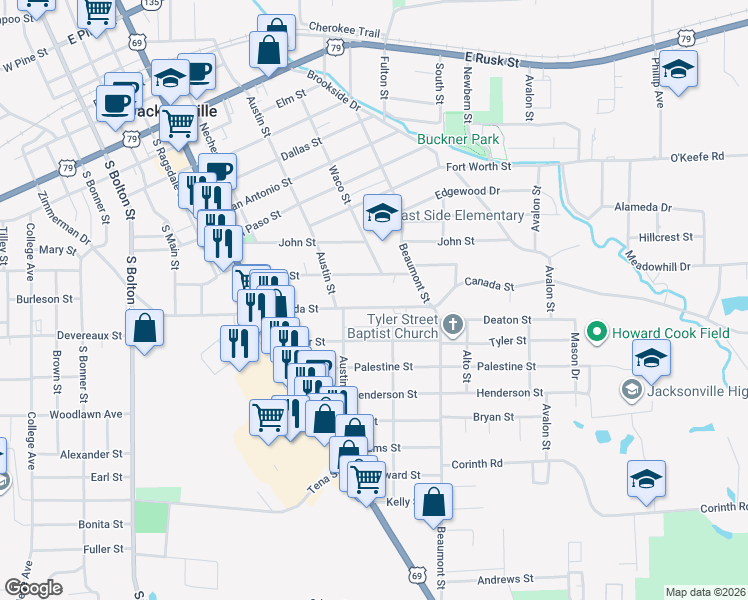 map of restaurants, bars, coffee shops, grocery stores, and more near 641 James Street in Jacksonville