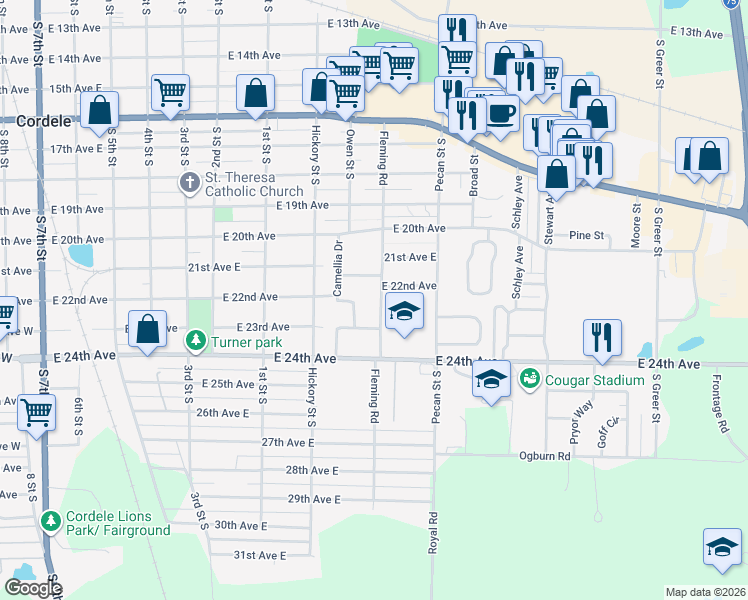map of restaurants, bars, coffee shops, grocery stores, and more near 1004 East 22nd Avenue in Cordele