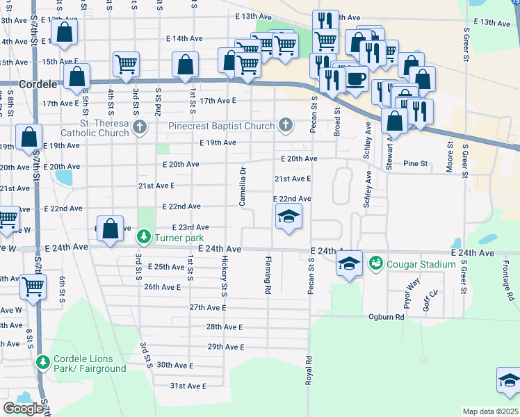 map of restaurants, bars, coffee shops, grocery stores, and more near 904 Rose Lane in Cordele