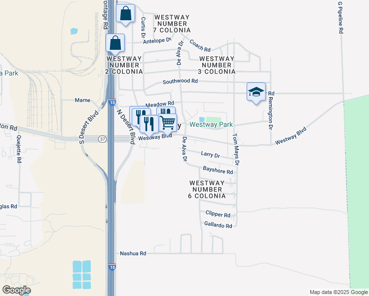 map of restaurants, bars, coffee shops, grocery stores, and more near 918 Westway Boulevard in Canutillo