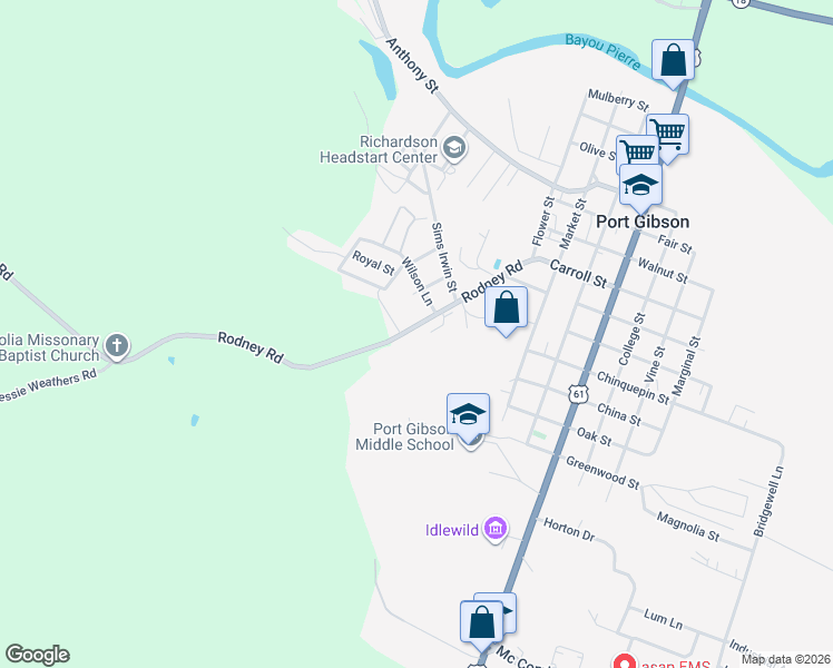 map of restaurants, bars, coffee shops, grocery stores, and more near 503 Rodney Road in Port Gibson