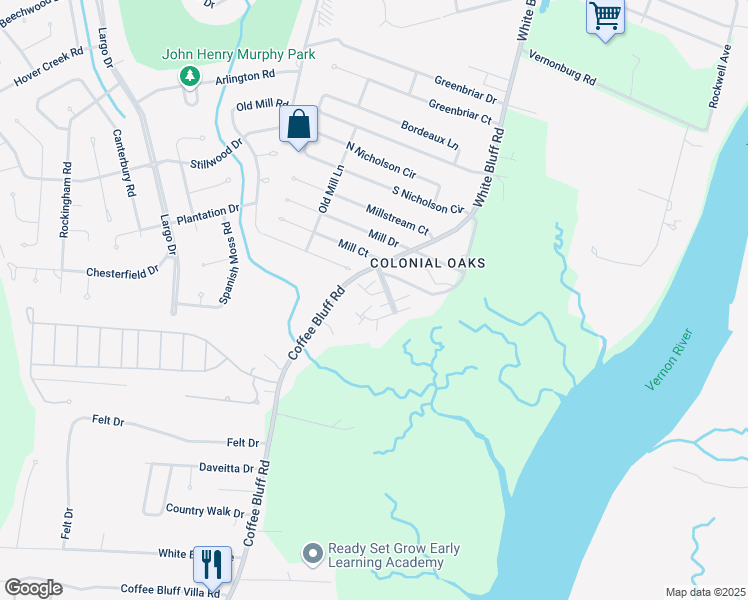 map of restaurants, bars, coffee shops, grocery stores, and more near 36 Vernon River Drive in Savannah