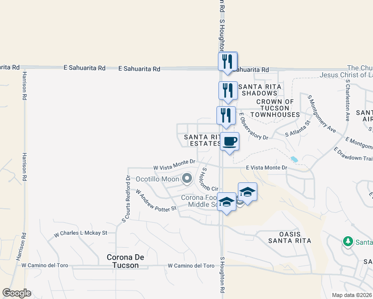 map of restaurants, bars, coffee shops, grocery stores, and more near 120 West Cheevers Street in Corona de Tucson