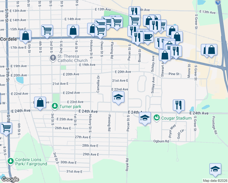 map of restaurants, bars, coffee shops, grocery stores, and more near 1004 East 22nd Avenue in Cordele