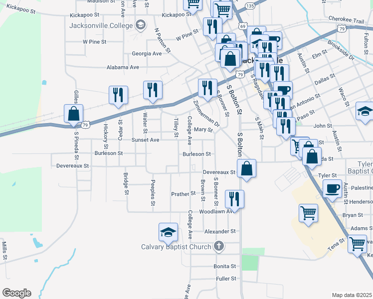 map of restaurants, bars, coffee shops, grocery stores, and more near 625 College Avenue in Jacksonville