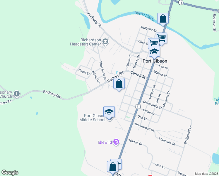 map of restaurants, bars, coffee shops, grocery stores, and more near 209 Rodney Road in Port Gibson