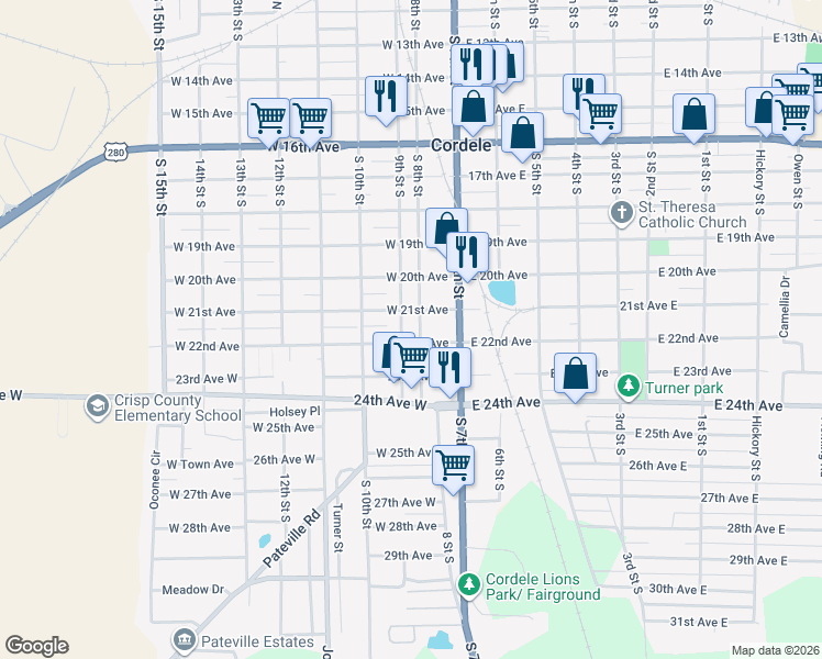 map of restaurants, bars, coffee shops, grocery stores, and more near 1108 South 8th Street in Cordele