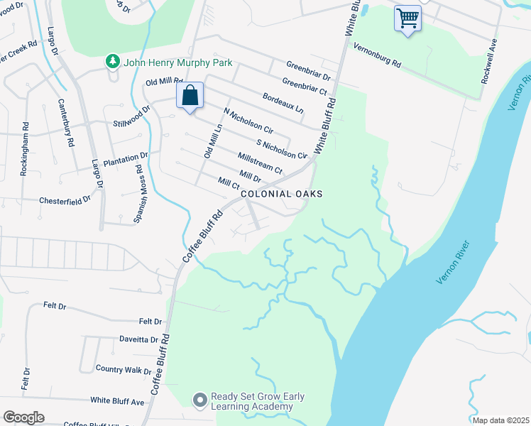 map of restaurants, bars, coffee shops, grocery stores, and more near 14 Vernon River Drive in Savannah