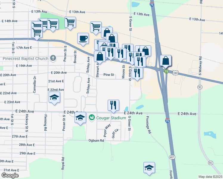 map of restaurants, bars, coffee shops, grocery stores, and more near 1536 East 20th Avenue in Cordele