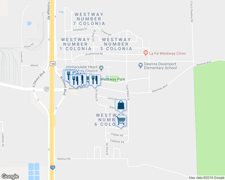 map of restaurants, bars, coffee shops, grocery stores, and more near 1310 Westway Boulevard in Canutillo