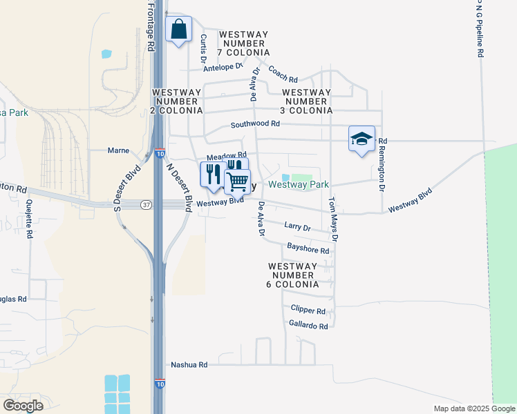 map of restaurants, bars, coffee shops, grocery stores, and more near 918 Westway Boulevard in Canutillo