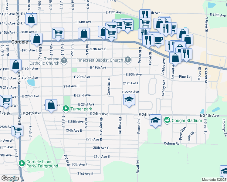 map of restaurants, bars, coffee shops, grocery stores, and more near 904 Rose Lane in Cordele