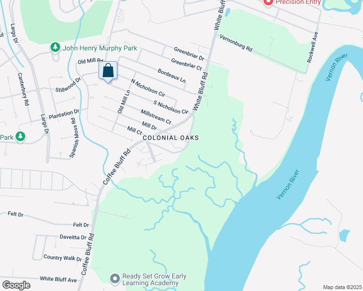 map of restaurants, bars, coffee shops, grocery stores, and more near 25 Longview Bluff Drive East in Savannah
