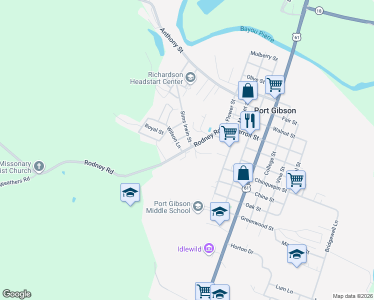 map of restaurants, bars, coffee shops, grocery stores, and more near 503 Rodney Road in Port Gibson