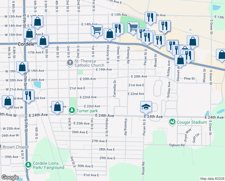 map of restaurants, bars, coffee shops, grocery stores, and more near 1102 Camellia Drive in Cordele