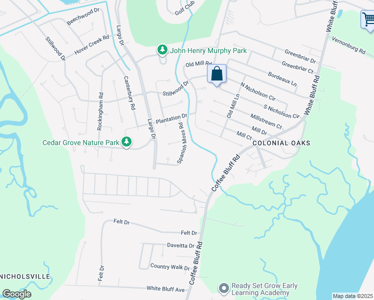 map of restaurants, bars, coffee shops, grocery stores, and more near 13124 Spanish Moss Road in Savannah