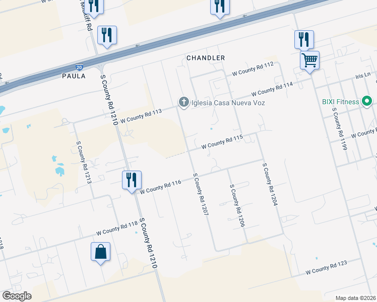 map of restaurants, bars, coffee shops, grocery stores, and more near 3300 West County Road 115 in Midland