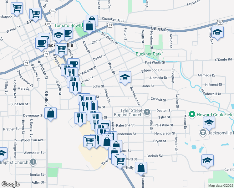 map of restaurants, bars, coffee shops, grocery stores, and more near 641 James Street in Jacksonville
