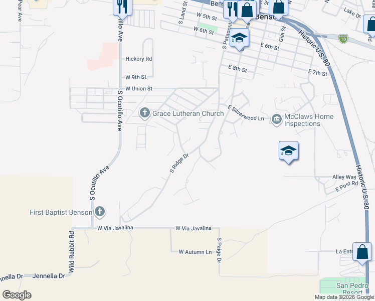 map of restaurants, bars, coffee shops, grocery stores, and more near 814 South La Mesa Drive in Benson