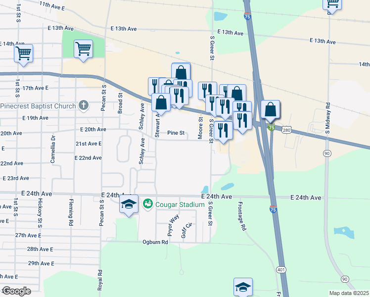 map of restaurants, bars, coffee shops, grocery stores, and more near 1536 East 20th Avenue in Cordele