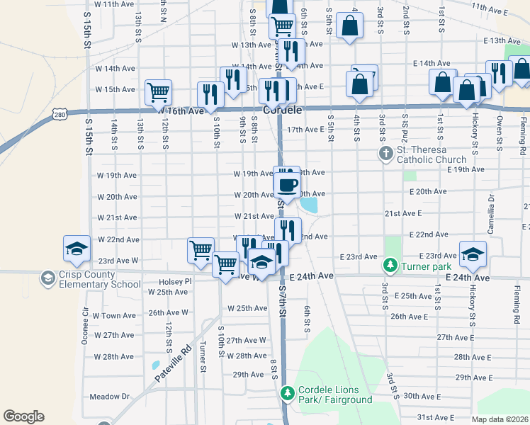 map of restaurants, bars, coffee shops, grocery stores, and more near 1108 South 8th Street in Cordele