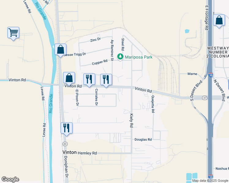 map of restaurants, bars, coffee shops, grocery stores, and more near 8000 Ap Ramirez Street in Vinton