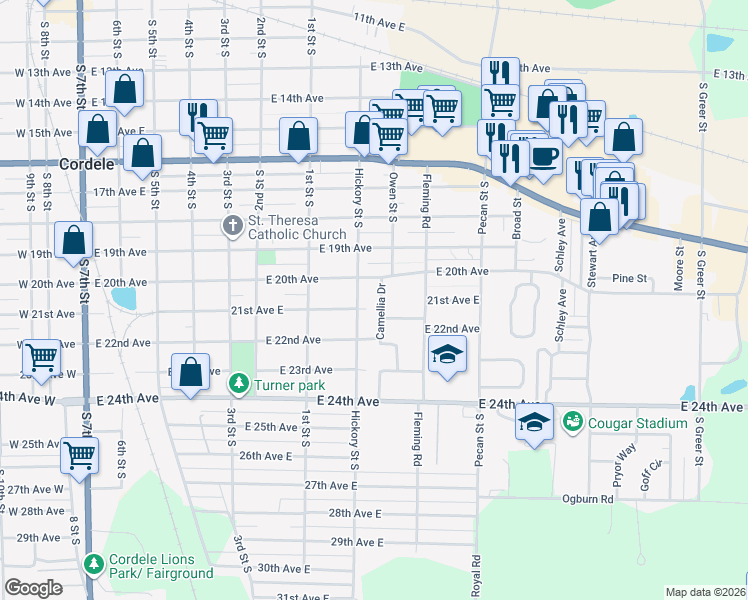 map of restaurants, bars, coffee shops, grocery stores, and more near 1003 Hickory Street South in Cordele