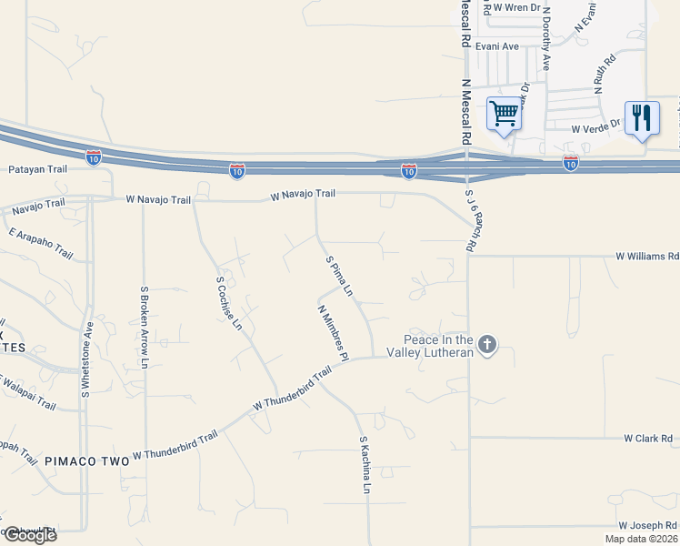 map of restaurants, bars, coffee shops, grocery stores, and more near 331 South Pima Lane in Benson