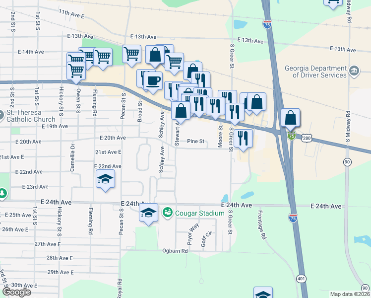 map of restaurants, bars, coffee shops, grocery stores, and more near 1500 East 20th Avenue in Cordele