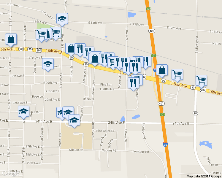 map of restaurants, bars, coffee shops, grocery stores, and more near 1741 East 20th Avenue in Cordele