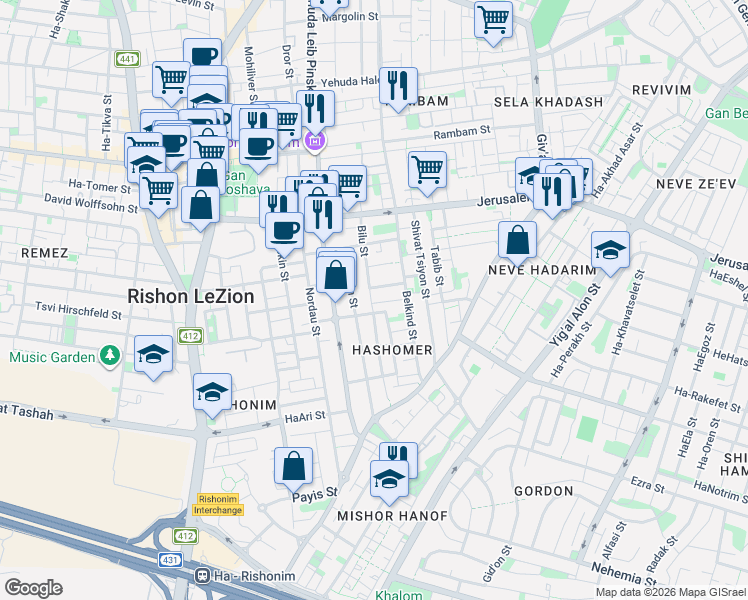 map of restaurants, bars, coffee shops, grocery stores, and more near 23 Bilu Street in Rishon LeTsiyon