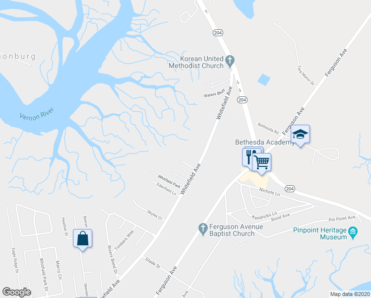 map of restaurants, bars, coffee shops, grocery stores, and more near 9585 Whitefield Avenue in Savannah
