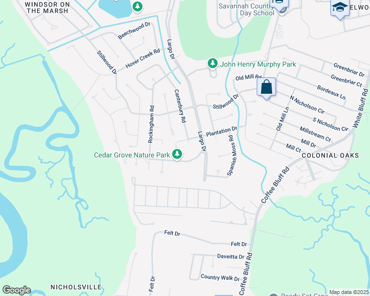 map of restaurants, bars, coffee shops, grocery stores, and more near 5 Canterbury Court in Savannah