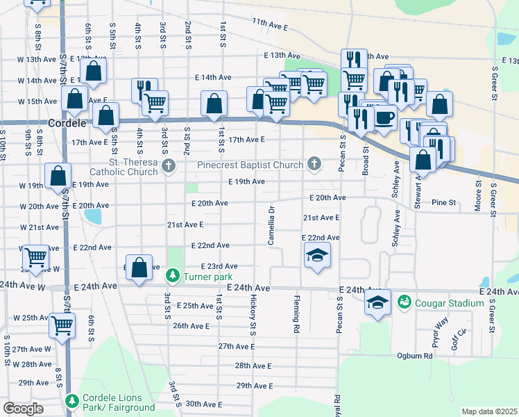 map of restaurants, bars, coffee shops, grocery stores, and more near 1003 Hickory Street South in Cordele