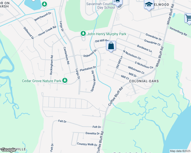 map of restaurants, bars, coffee shops, grocery stores, and more near 13208 Spanish Moss Road in Savannah