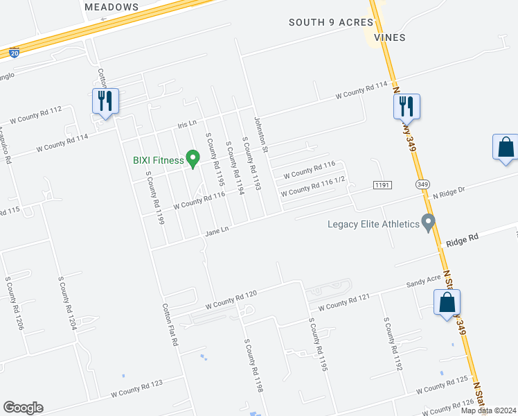 map of restaurants, bars, coffee shops, grocery stores, and more near 3114 South County Road 1193 in Midland