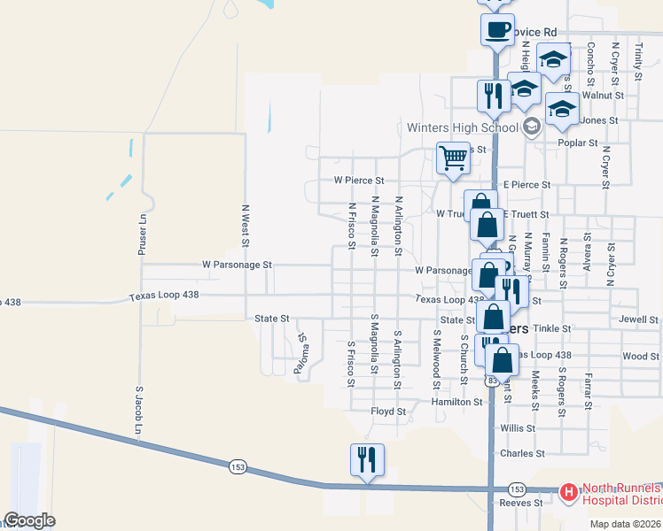 map of restaurants, bars, coffee shops, grocery stores, and more near 801 West Parsonage Street in Winters