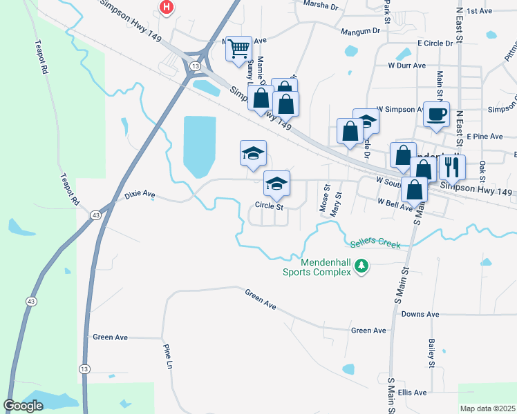 map of restaurants, bars, coffee shops, grocery stores, and more near 300 Sally Street in Mendenhall