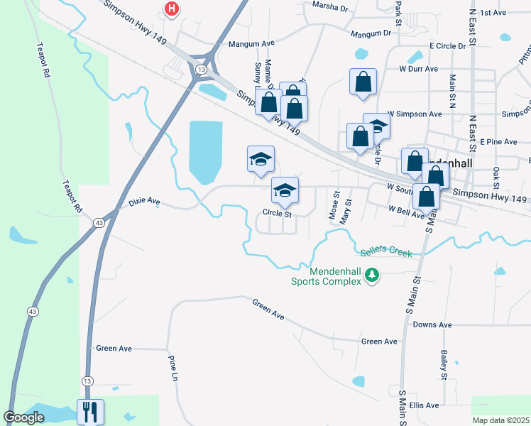 map of restaurants, bars, coffee shops, grocery stores, and more near 300 Sally Street in Mendenhall