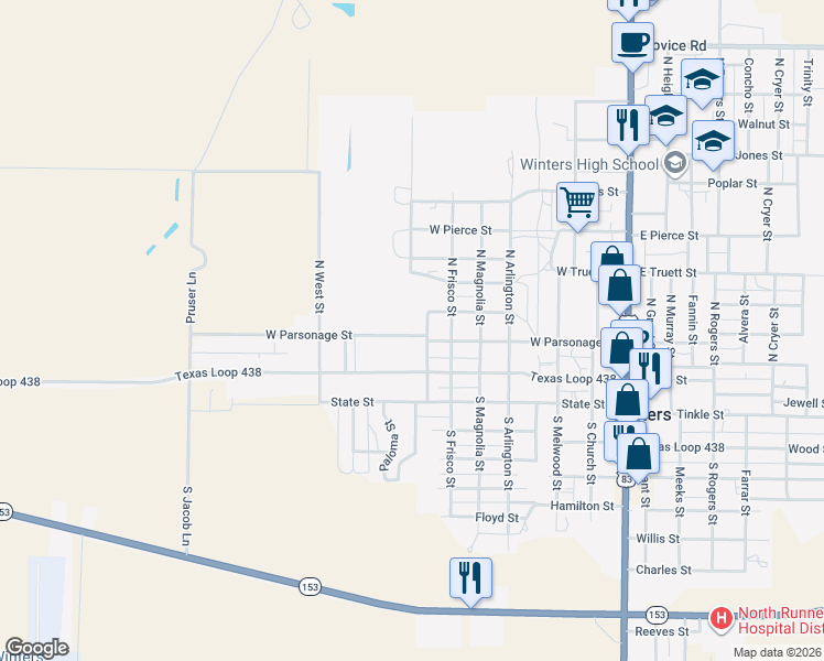 map of restaurants, bars, coffee shops, grocery stores, and more near 801-899 West Parsonage Street in Winters
